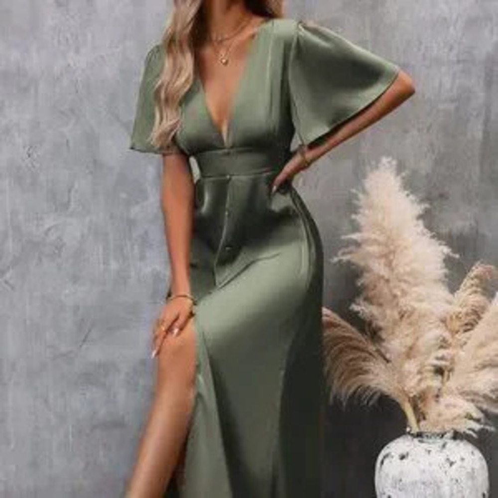 Army Green Preppy Womens Plunging Neck Butterfly Sleeve Button Front Dress